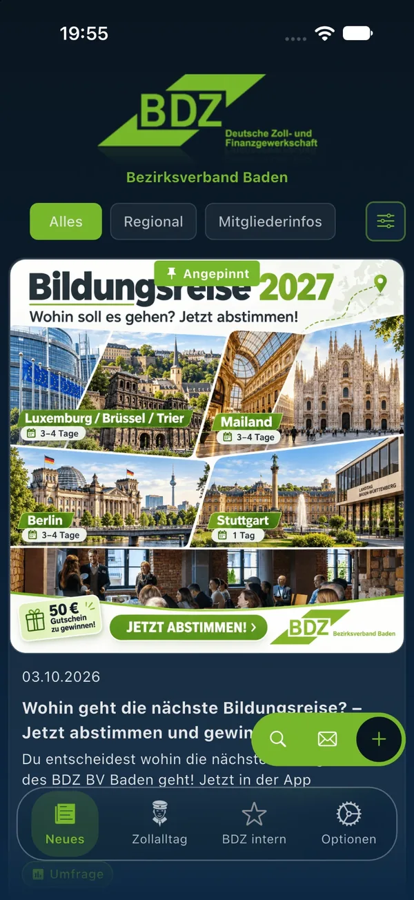 Beispiel eines angepinnten Beitrags mit Umfrage in der App